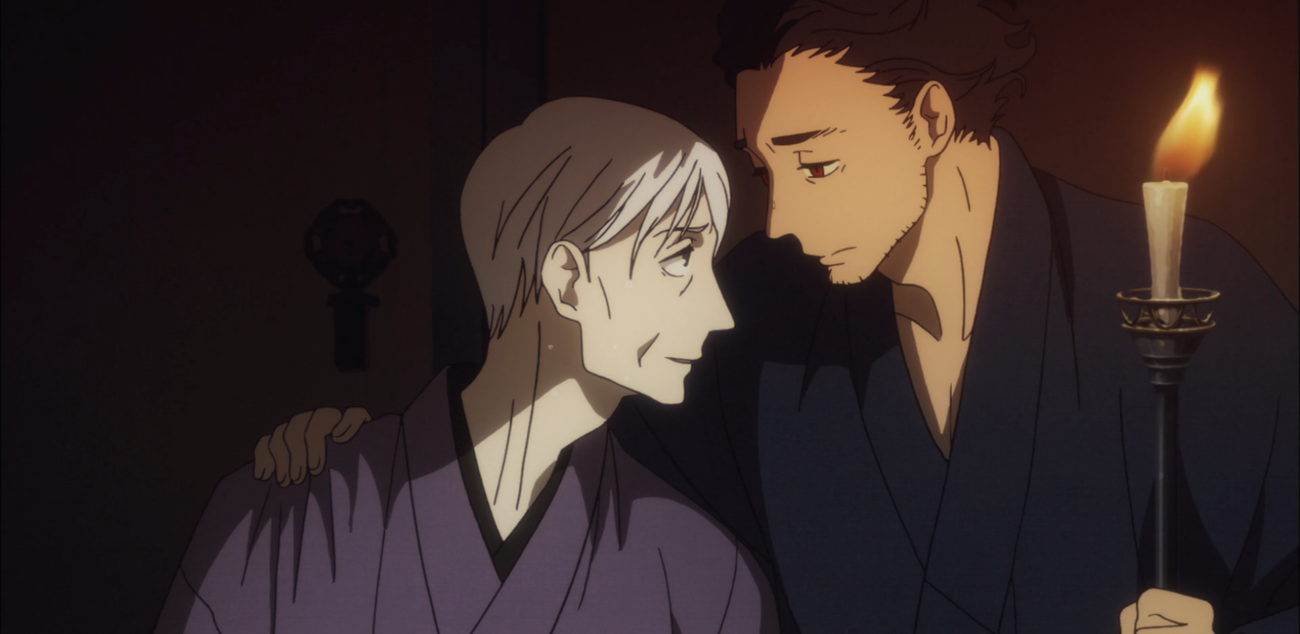 Yakumo e Sukeroku se abraçam em Histórias Descendentes: Showa Genroku Rakugo Shinju 