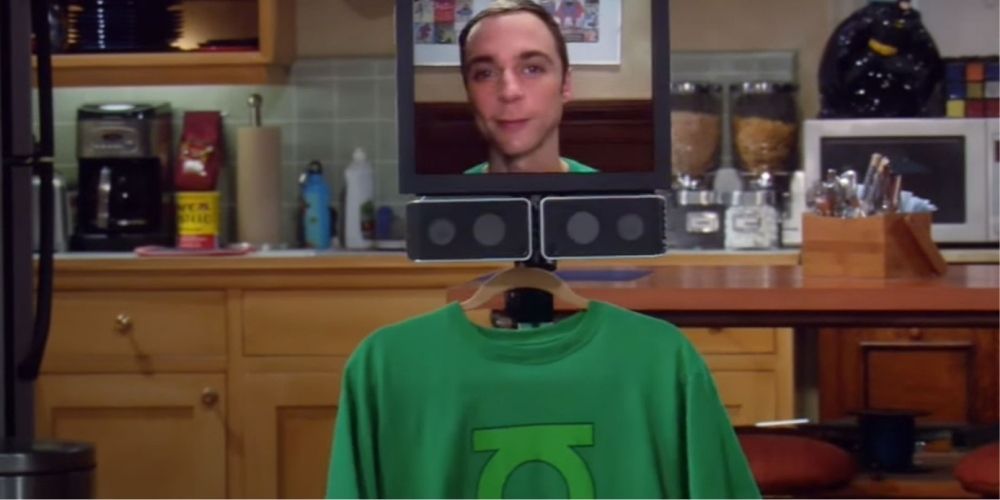 Sheldon as Shelbot looking through a screen in The Big Bang Theory