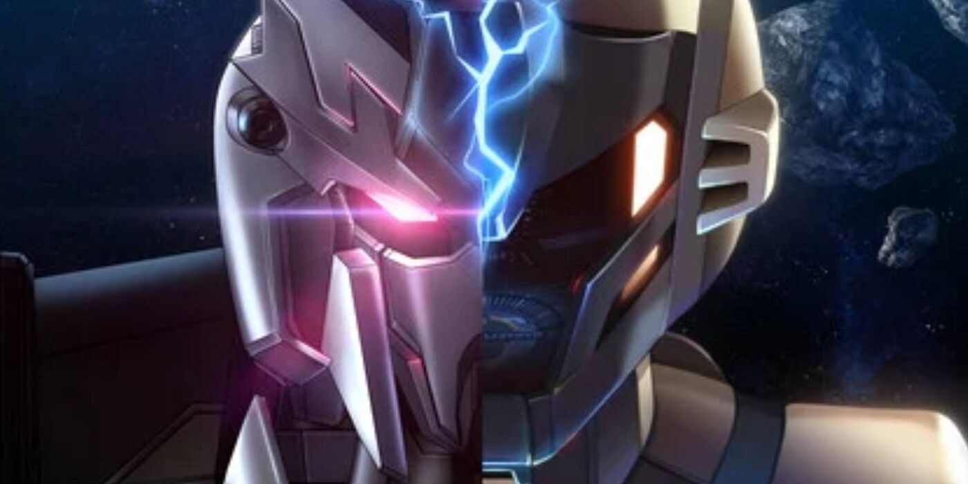 A mecha from Gundam Silver Phantom shows a glowing pink eye