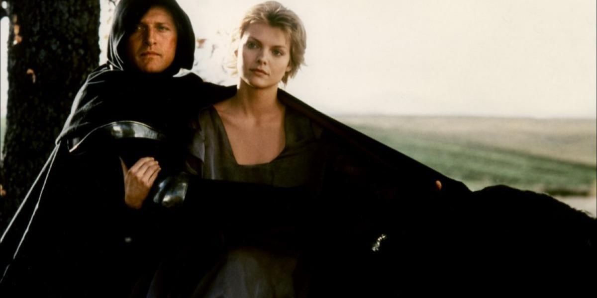 Sir Etienne Navarre and Lady Isabeau riding together on horseback in the 1985 movie Ladyhawke