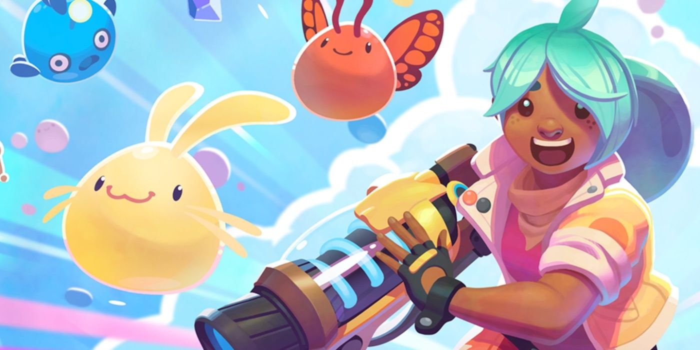 Slime Rancher 2 promo art featuring the protagonist smiling and charming slimes in the background.