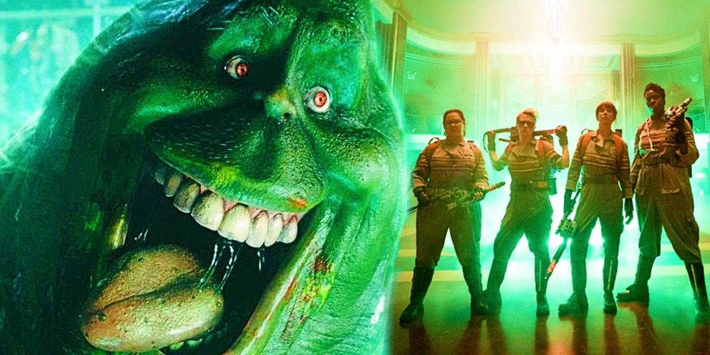 Slimer flies away from the cast of 2016's Ghostbusters remake.
