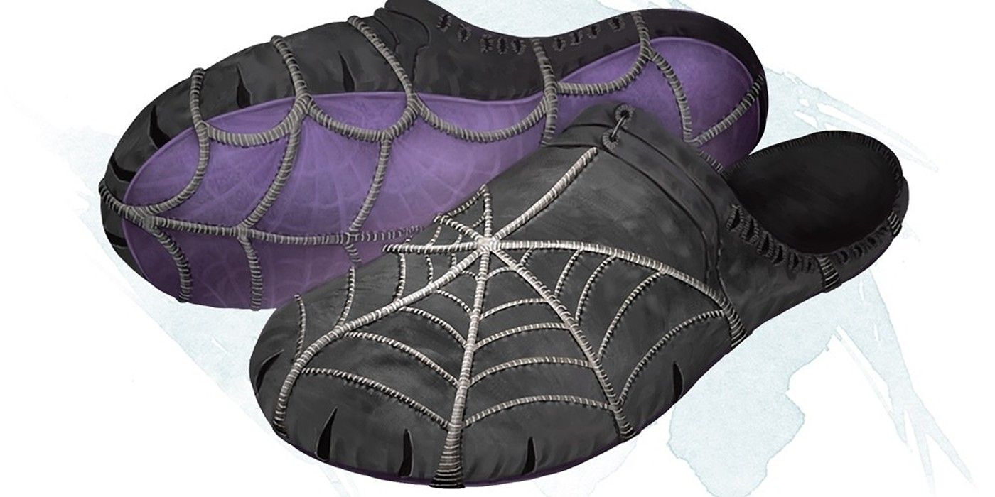 The image shows two purple and black shoes with golden spiderwebs, the slippers of spider climbing in dungeons and dragons