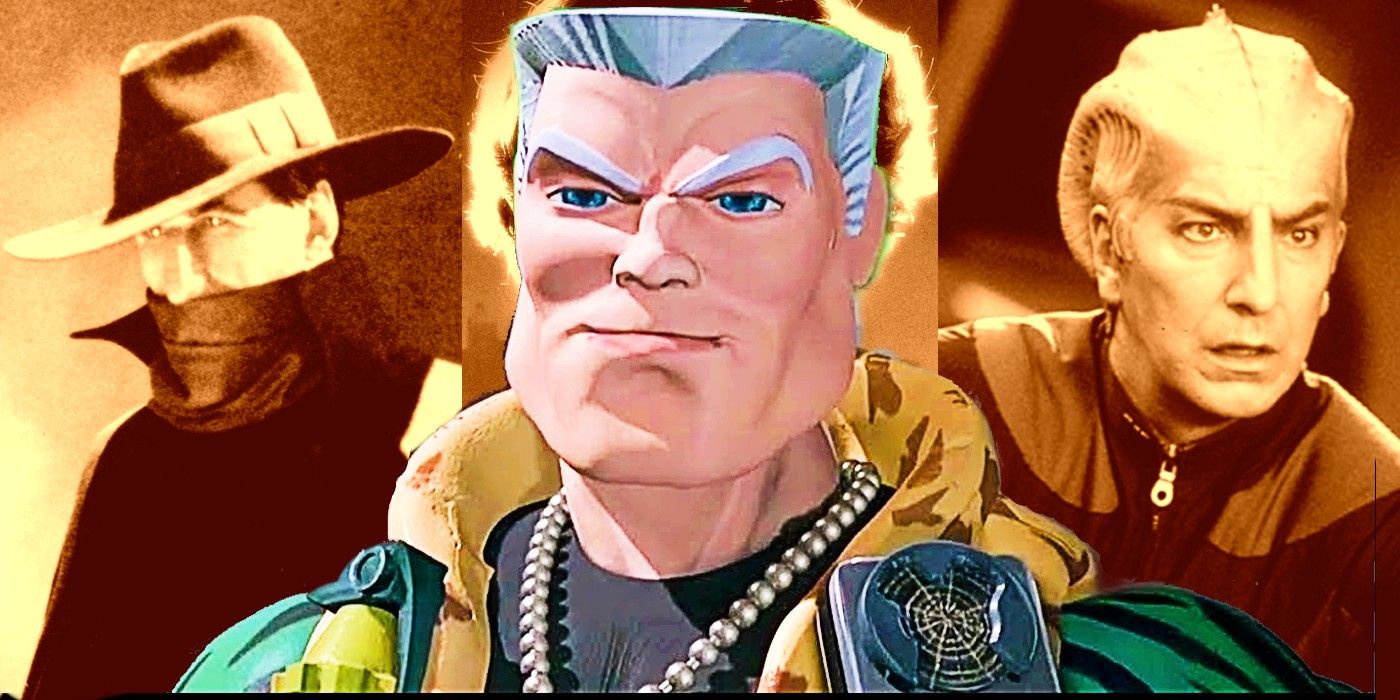 Small Soldiers' Major Chip Hazard muses in front of The Shadow, Indian in the Cupboard, and Galaxy Quest.