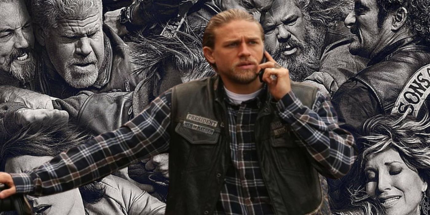 Jax in the Sons of Anarchy finale in front of a promo image for the series.