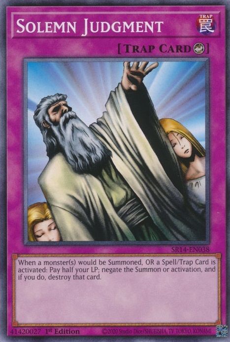 Yu-Gi-Oh trap card Solemn Judgment showing a man with his hand outstretched, with two women behind him.