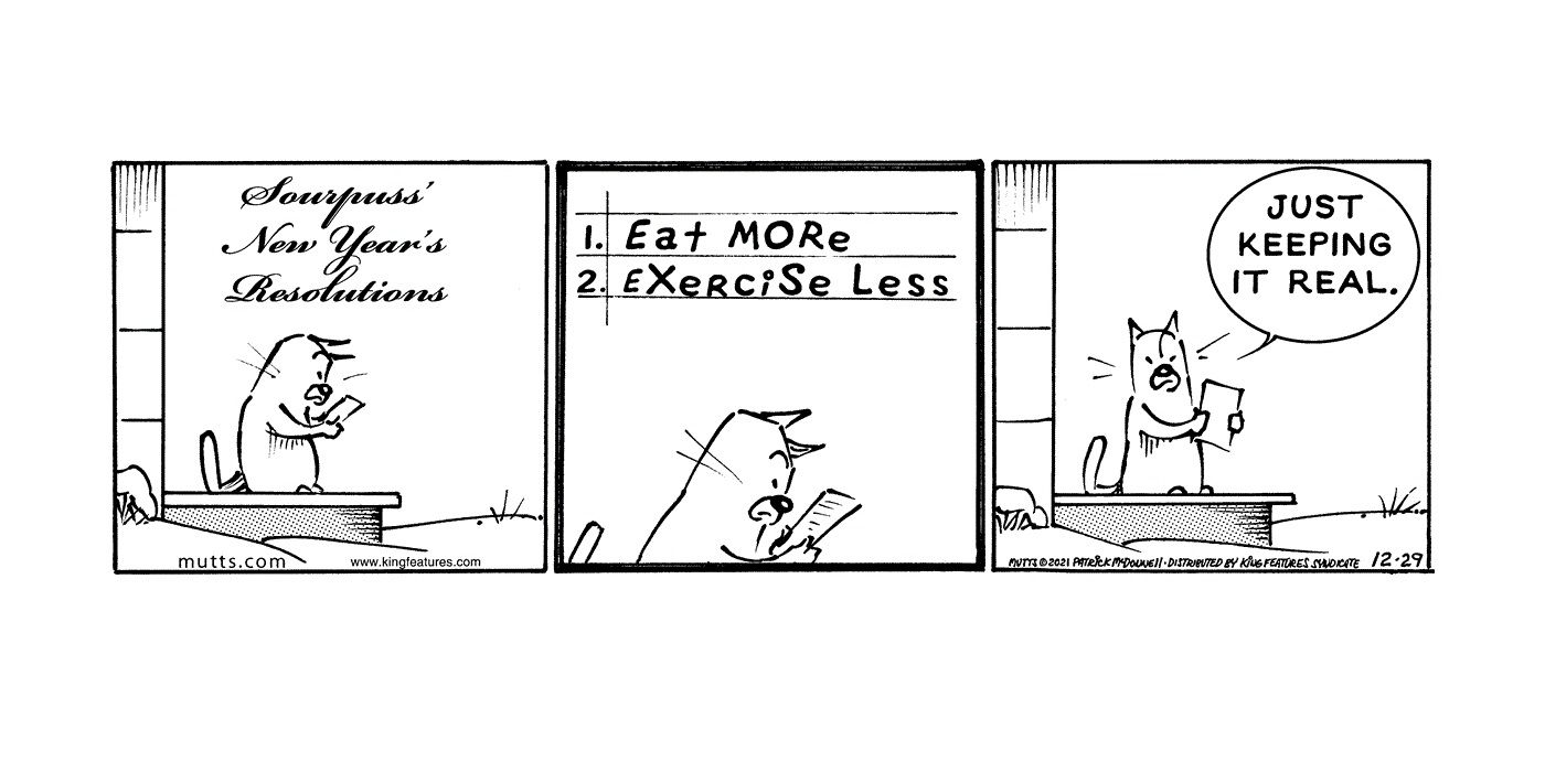 Sourpuss reads his New Year's resolutions in the MUTTS comic