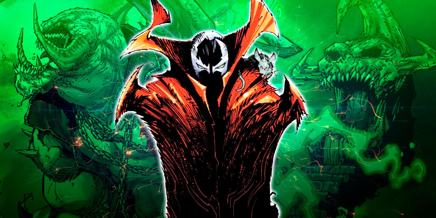A collage of Spawn and his enemies from the current Spawn comics