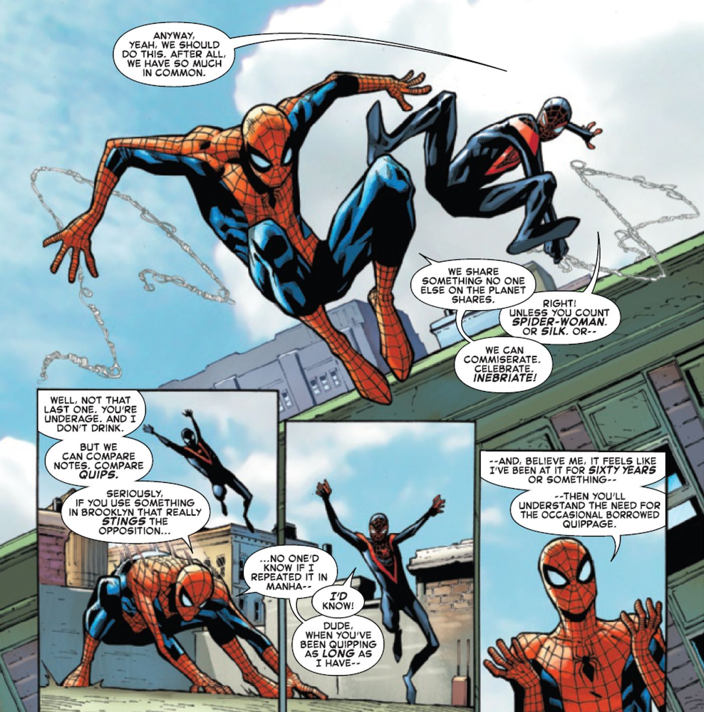 Peter Parker e Miles Morales em seus trajes de Homem-Aranha discutindo suas atitudes em campo