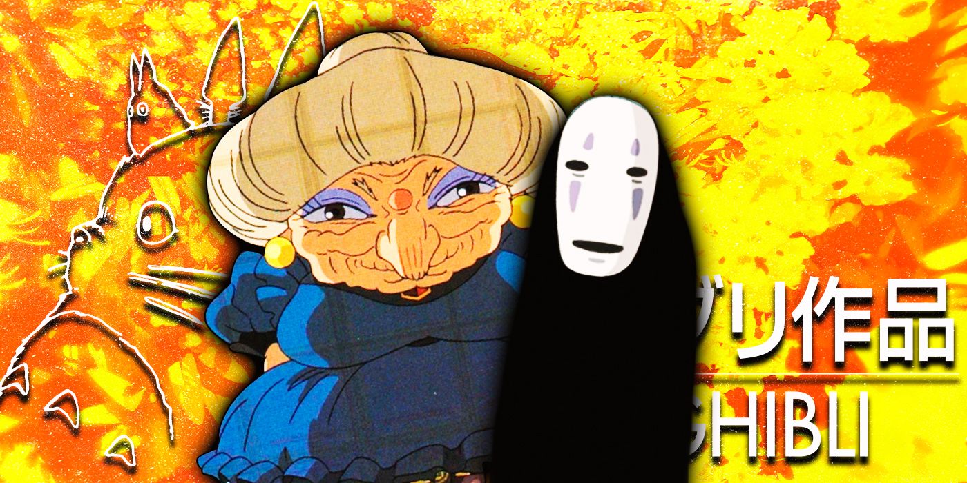 Yubaba and No-Face from Spirited Away with the Studio Ghibli logo behind