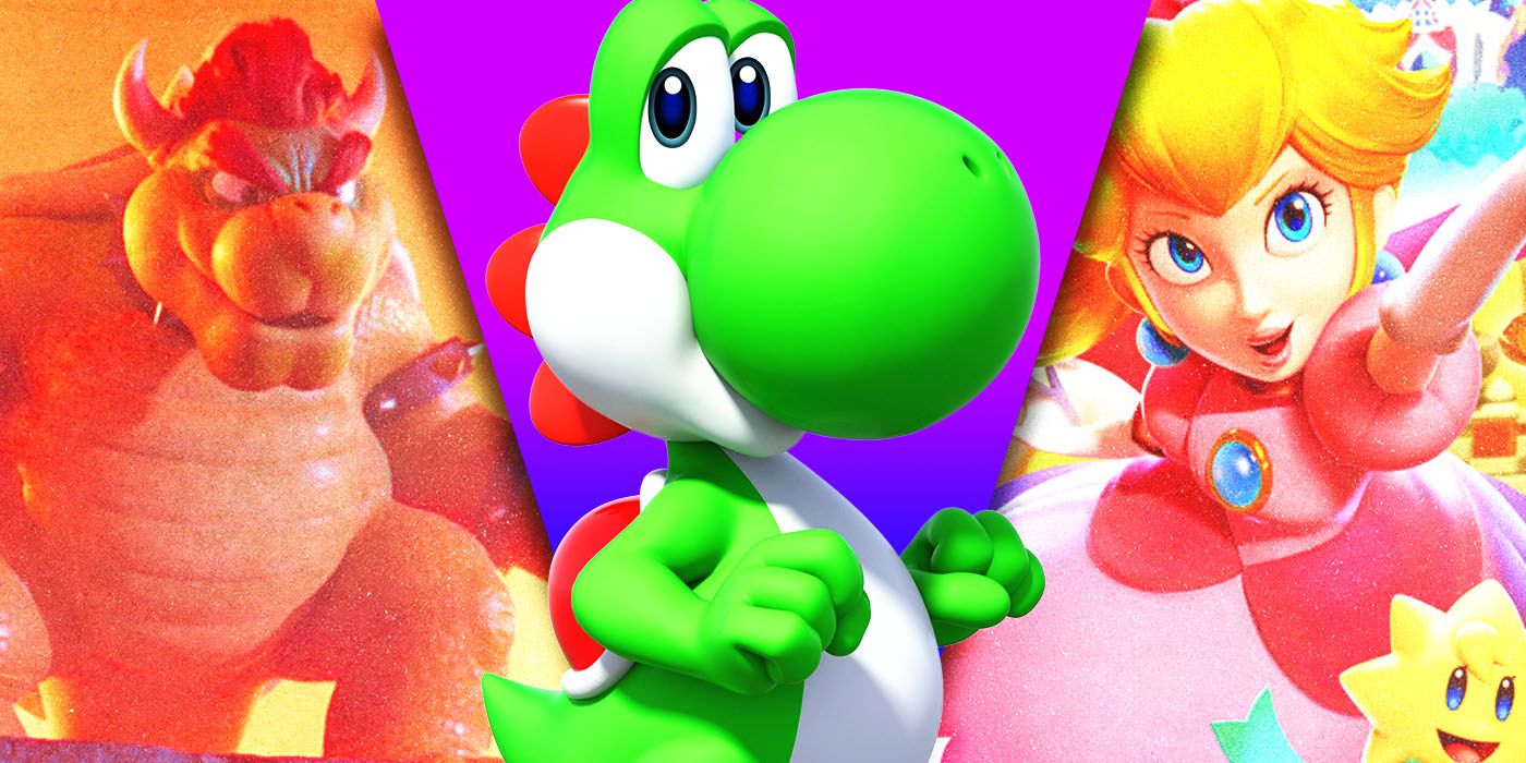 Split Images of Bowser, Yoshi, and Princess Peach