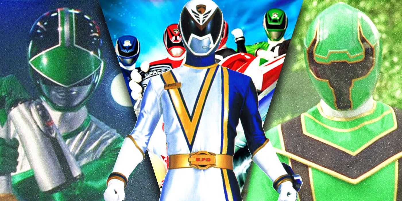 Split Images of Green Ranger Megaforce, Omega Ranger SPD, and Green Ranger Mystic Force