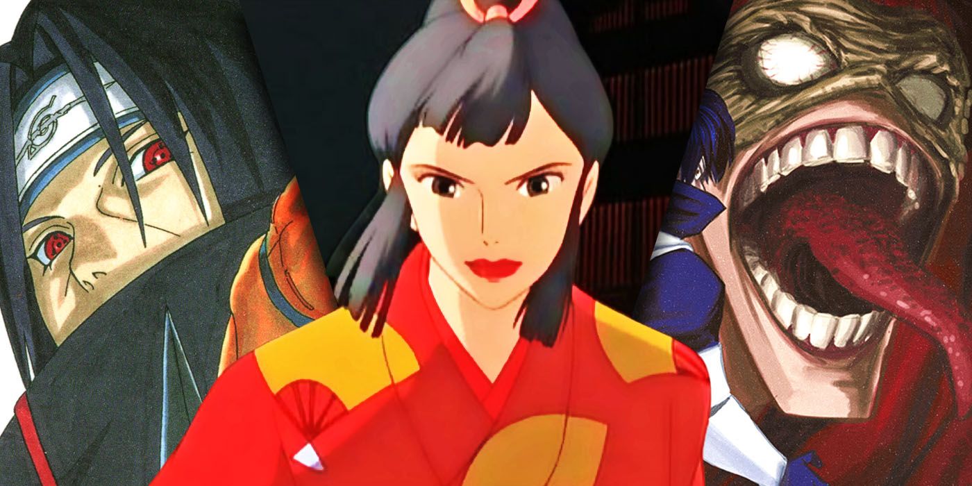 Split images of Lady Eboshi from Princess Mononoke, Itachi Uchiha from Naruto, and Stain from My Hero Academia.