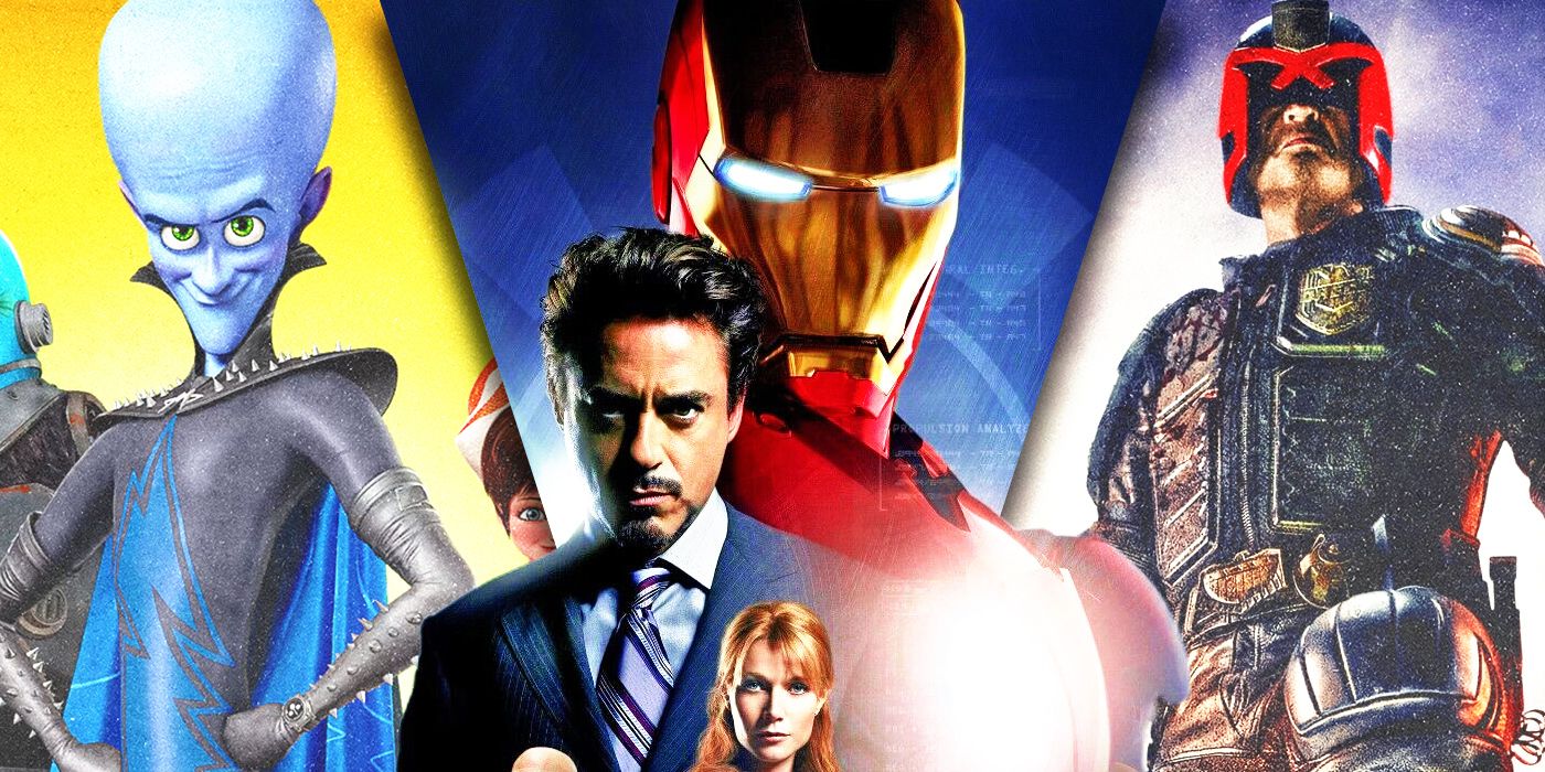 Split Images of Megamind, Iron Man, and Judge Dredd