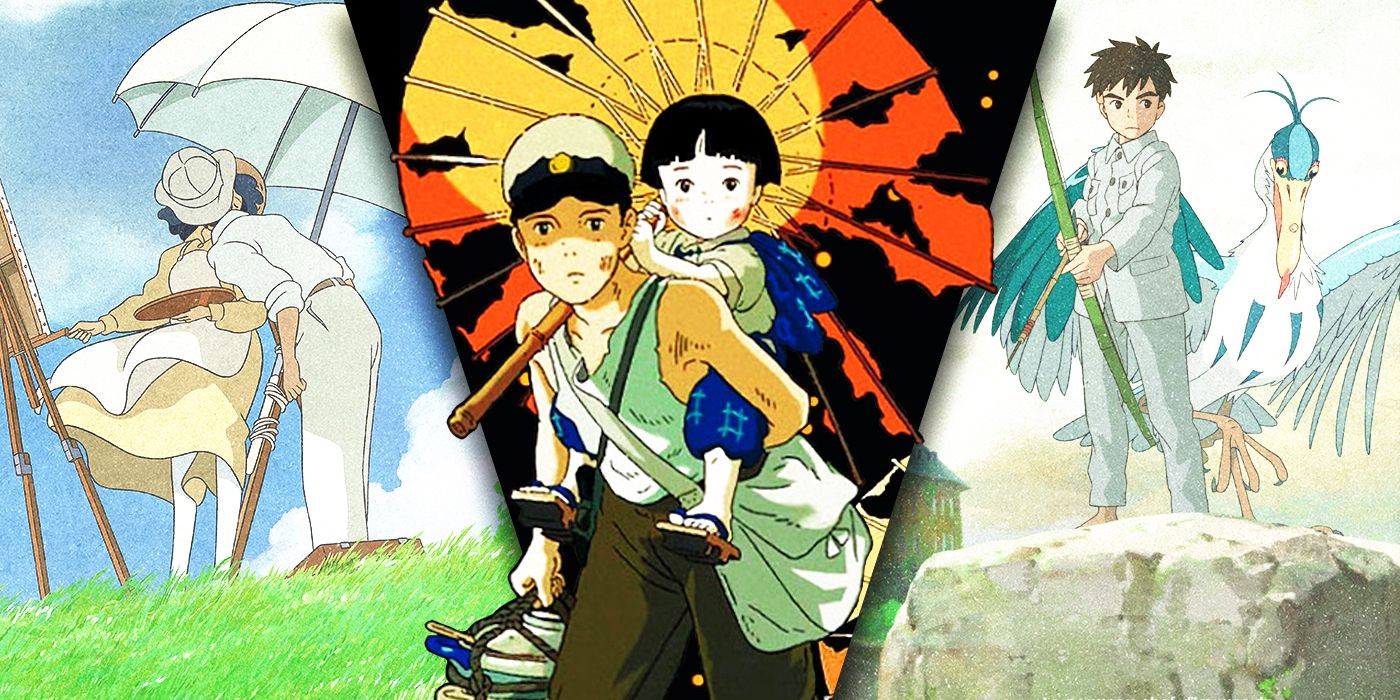Split Images of The Wind Rises, Grave of The Fireflies, and The Boy and The Heron