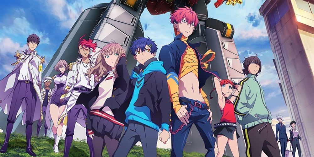 The cast of SSSS.Dynazenon standing together on a hill, with the series' main mecha behind them.