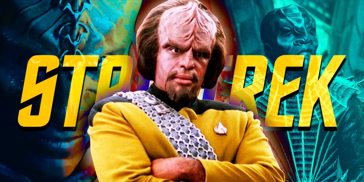 Worf in front of the Star Trek logo and Star Trek Discovery's Klingons
