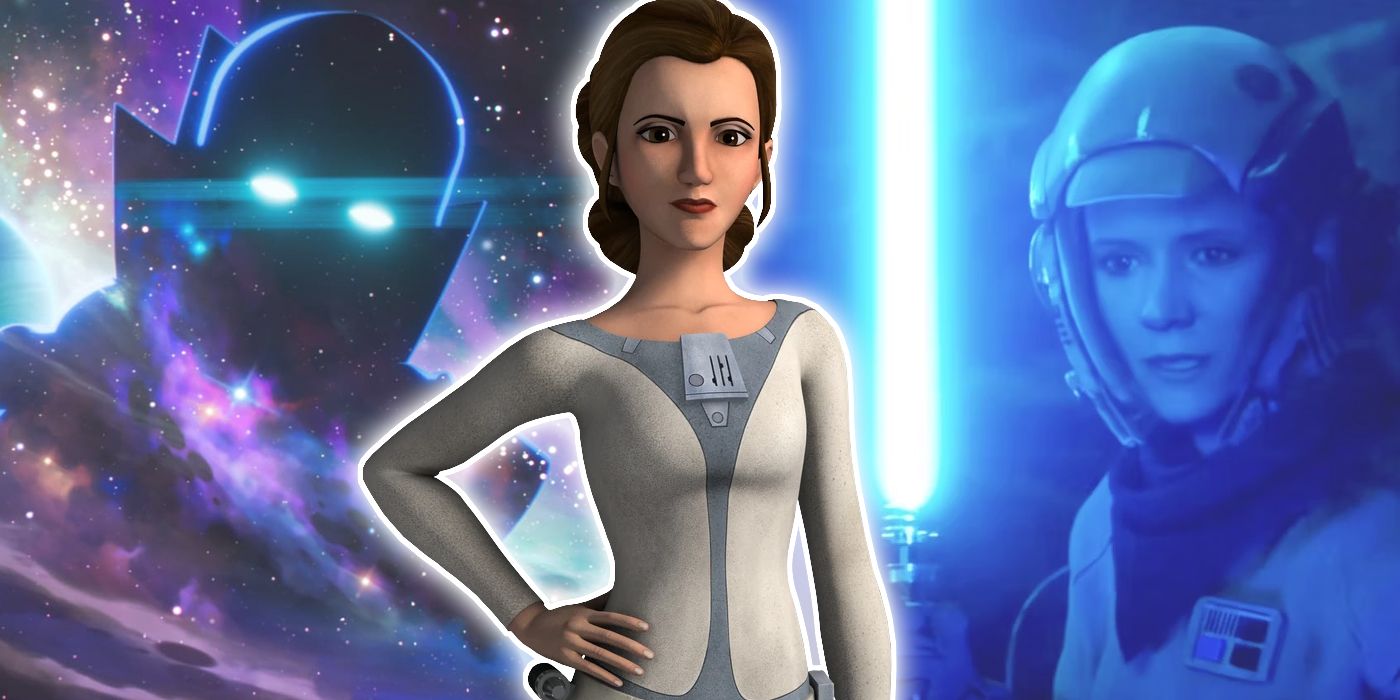 Princess Leia from Star wars Rebels with her Rise of Skywalker version holding a lightsaber and Uatu the Watcher from What If in the background