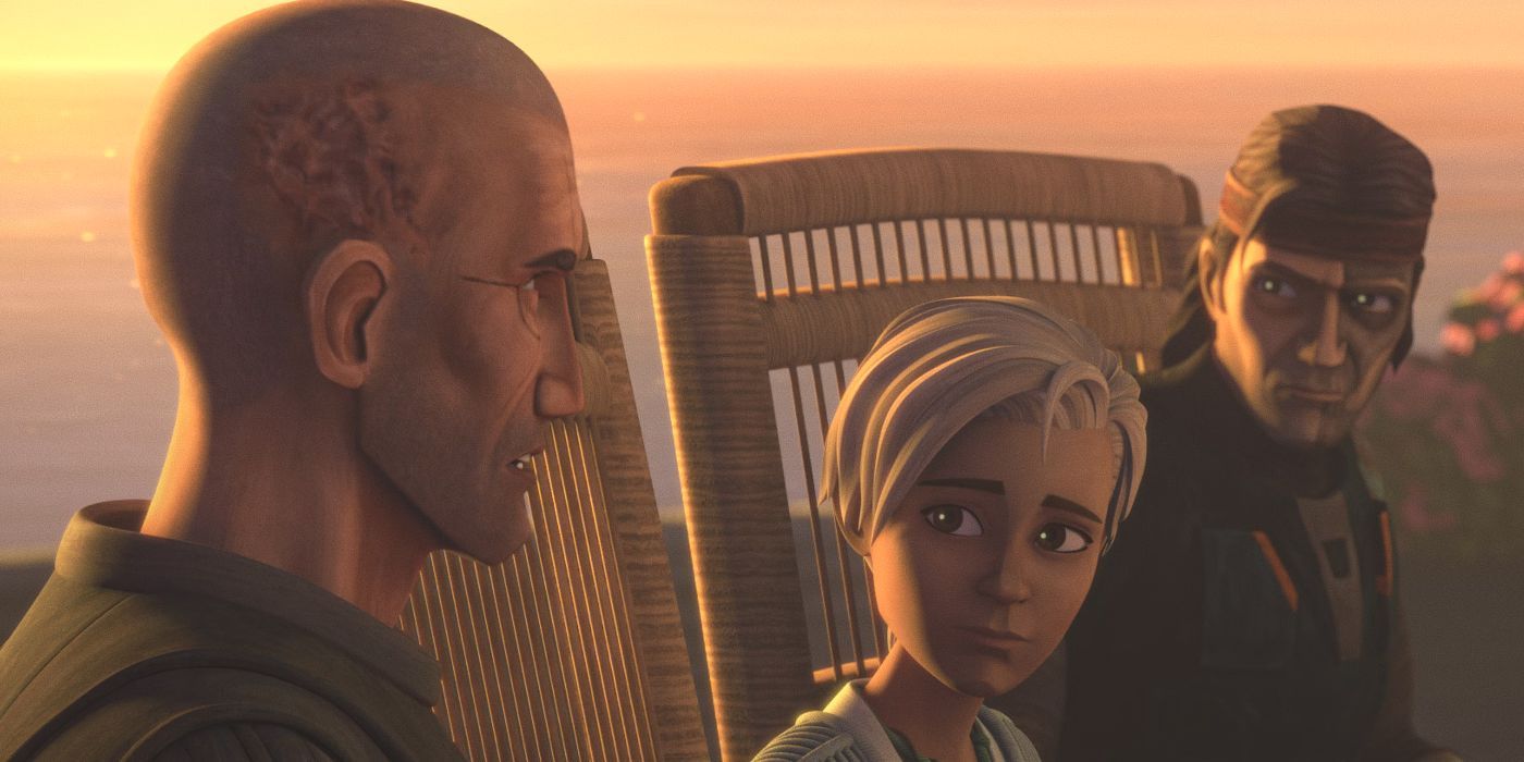 Omega sits between two clones at sunset in Star Wars: The Bad Batch Season 3, Episode 5