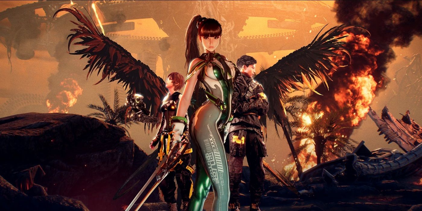Stellar Blade key art showing Eve standing in front of two of her allies.