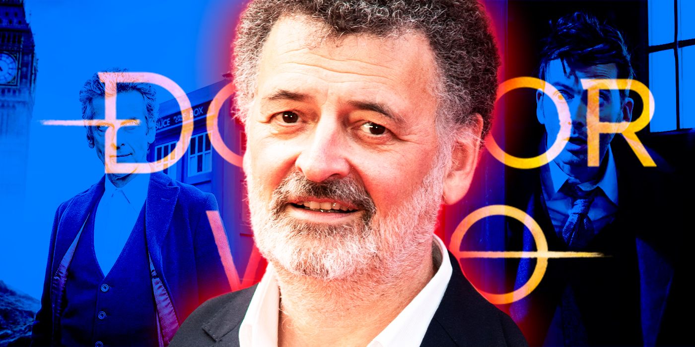 Steven Moffat in front of the Doctor Who logo and several cast members