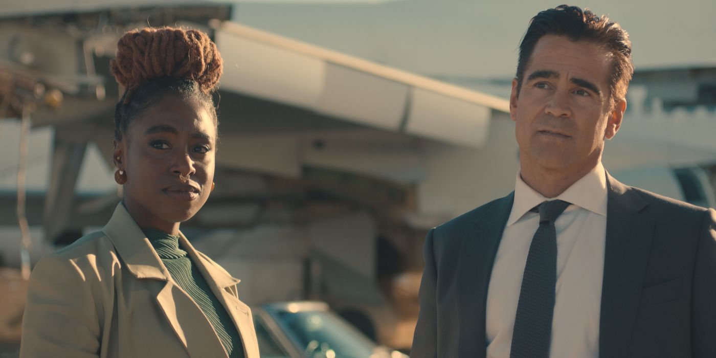 Kirby and Colin Farrell stand together in suits in Apple TV+ drama Sugar