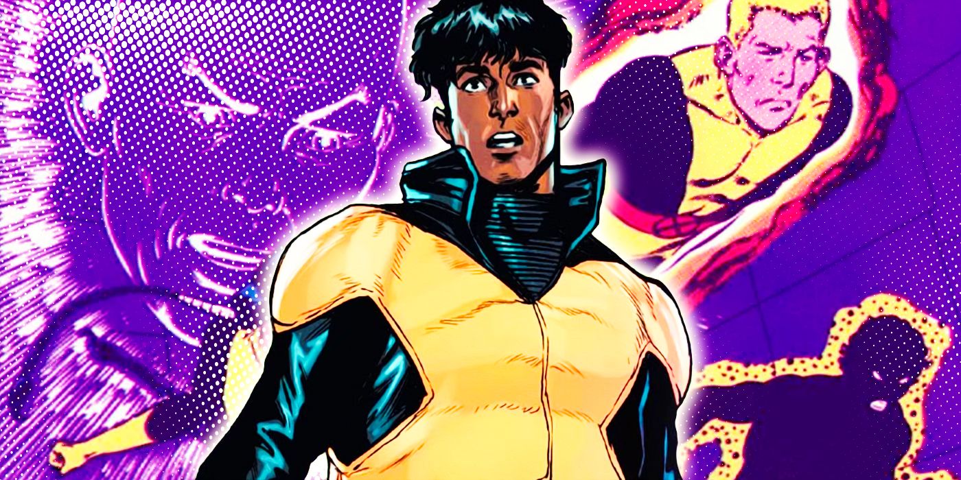 A collage of the X-Men's Sunspot in front of comic artwork of the New Mutants