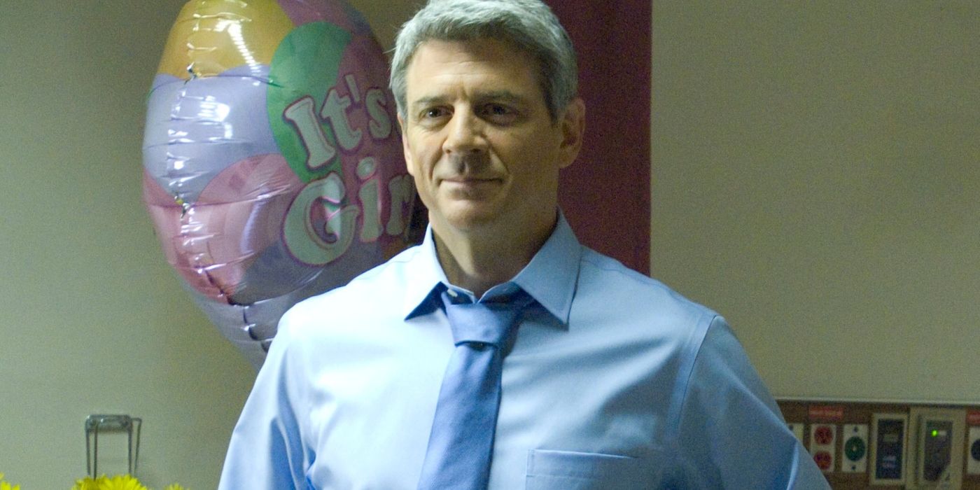 Ted Beneke in official office uniform stands in front of a ball in a Breaking Bad office.