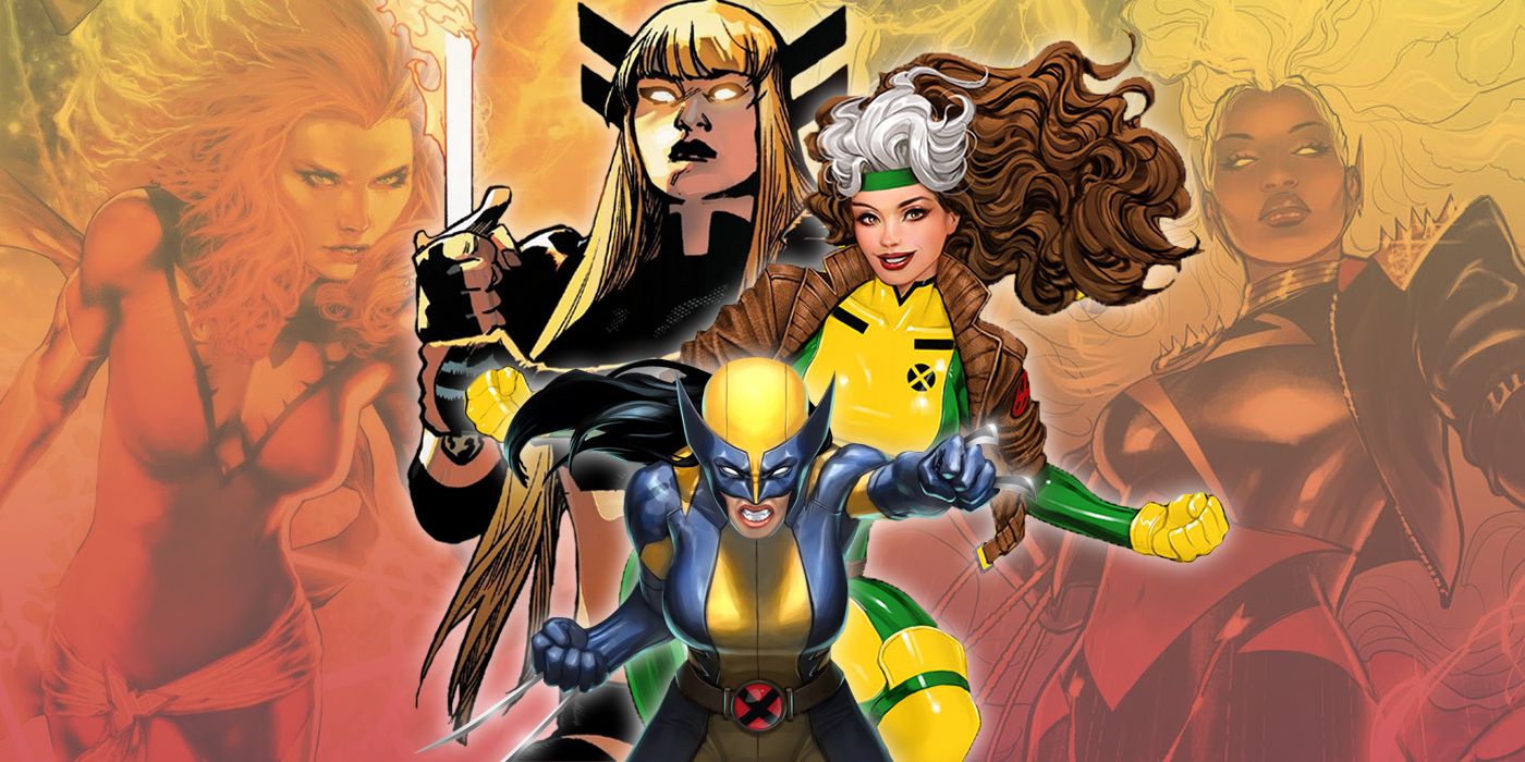 Comic collage of Magik, Rogue, Wolverine, Storm, and Dark Phoenix from the X-Men