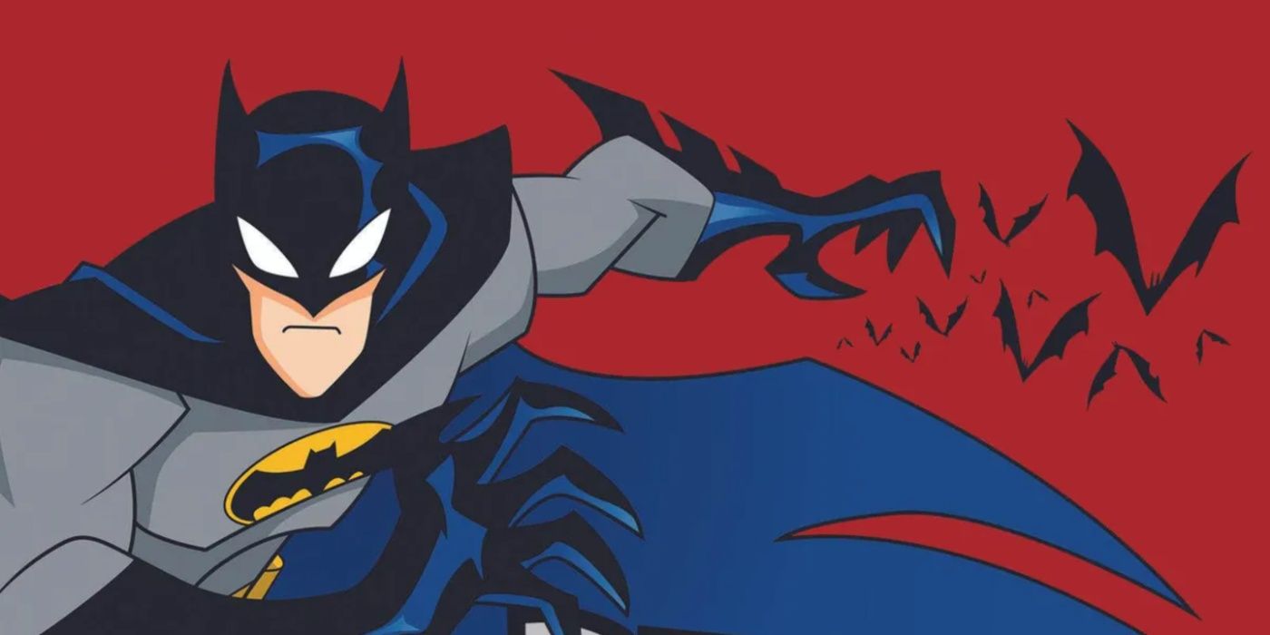 Batman pronto para a ação na arte promocional da série animada The Batman de 2004.