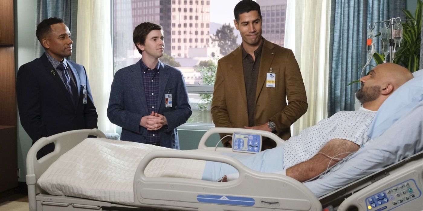 Marcus Andrews, Shaun Murphy and Jared Kalu standing beside a patient in a hospital bed on The Good Doctor