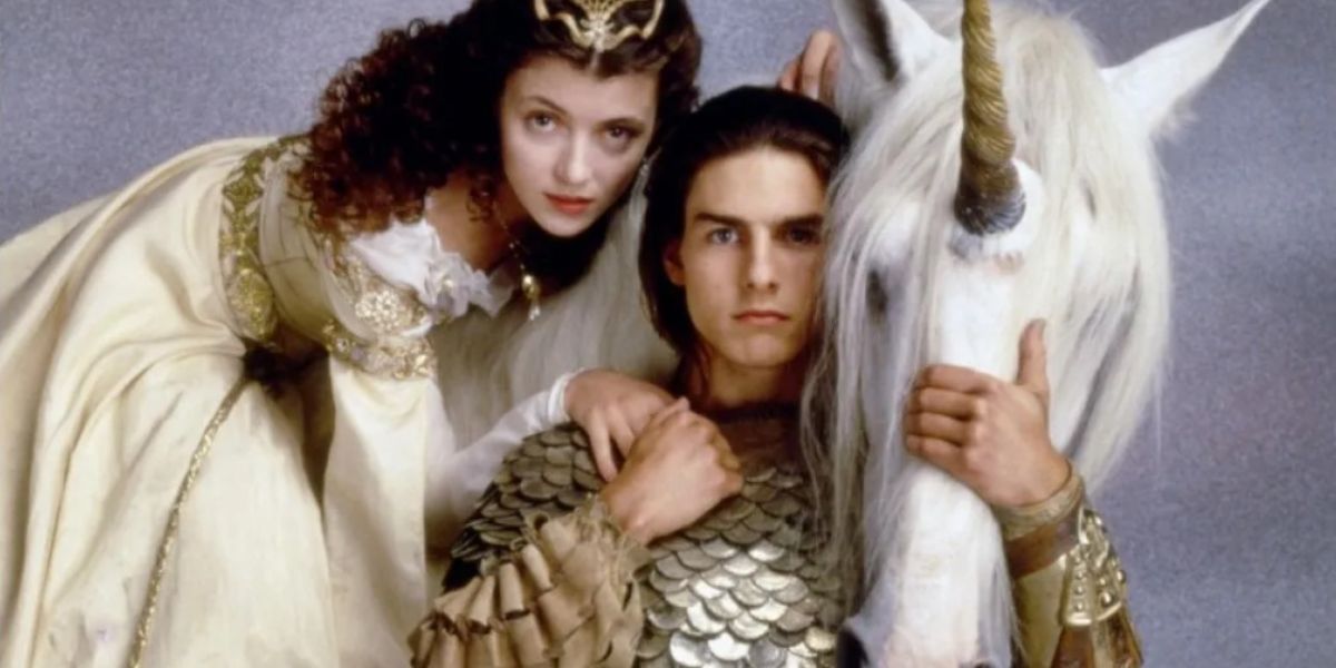 The hero Jack and Princess Lili riding a unicorn in the 1985 movie Legend