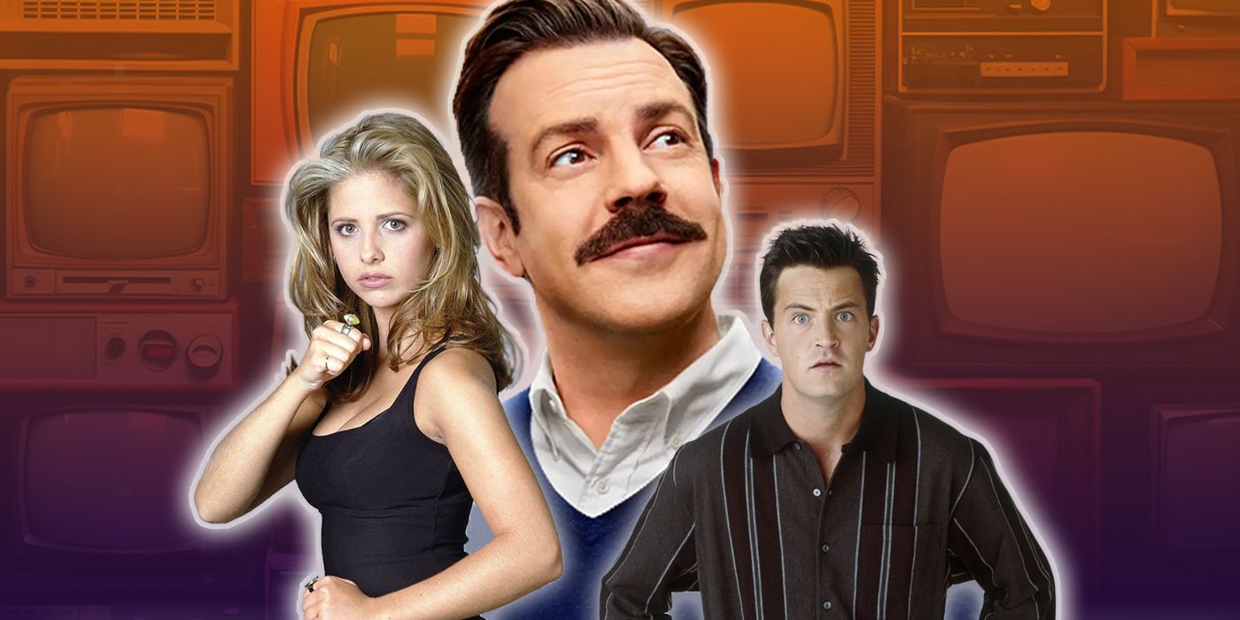 Ted Lasso, Buffy the Vampire Slayer, and Chandler from Friends in front of TVs