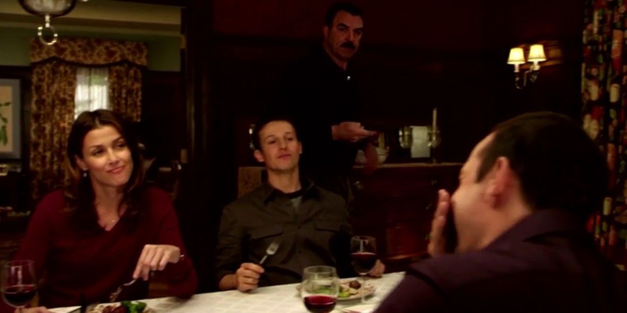 The Reagan family sits together for dinner in Blue Bloods