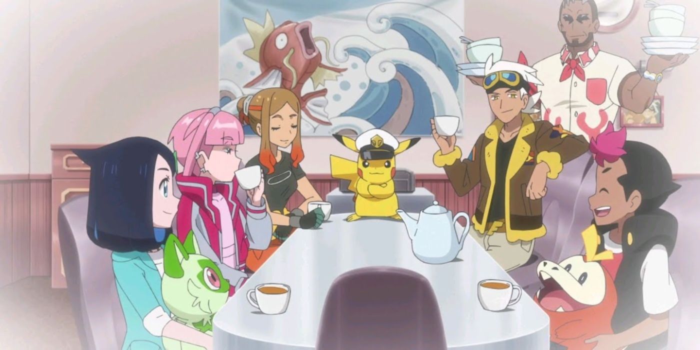 The Rising Volt Tacklers having tea in Pokemon Horizons
