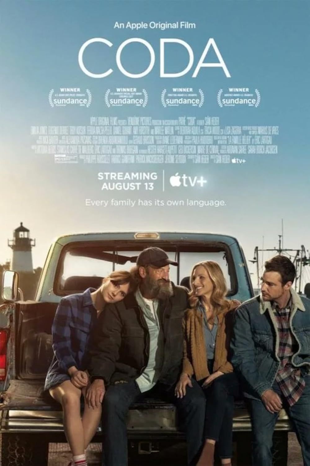 The Rossi family sits together on the back of a truck on the CODA poster