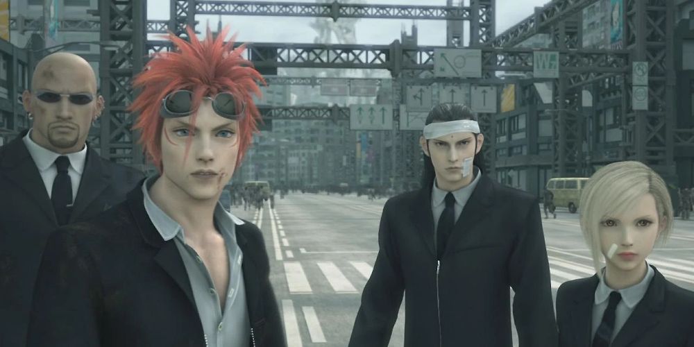 Rude, Reno, Tseng, and Elena, all beaten up, stand in front of a city street in Final Fantasy VII: Advent Children.