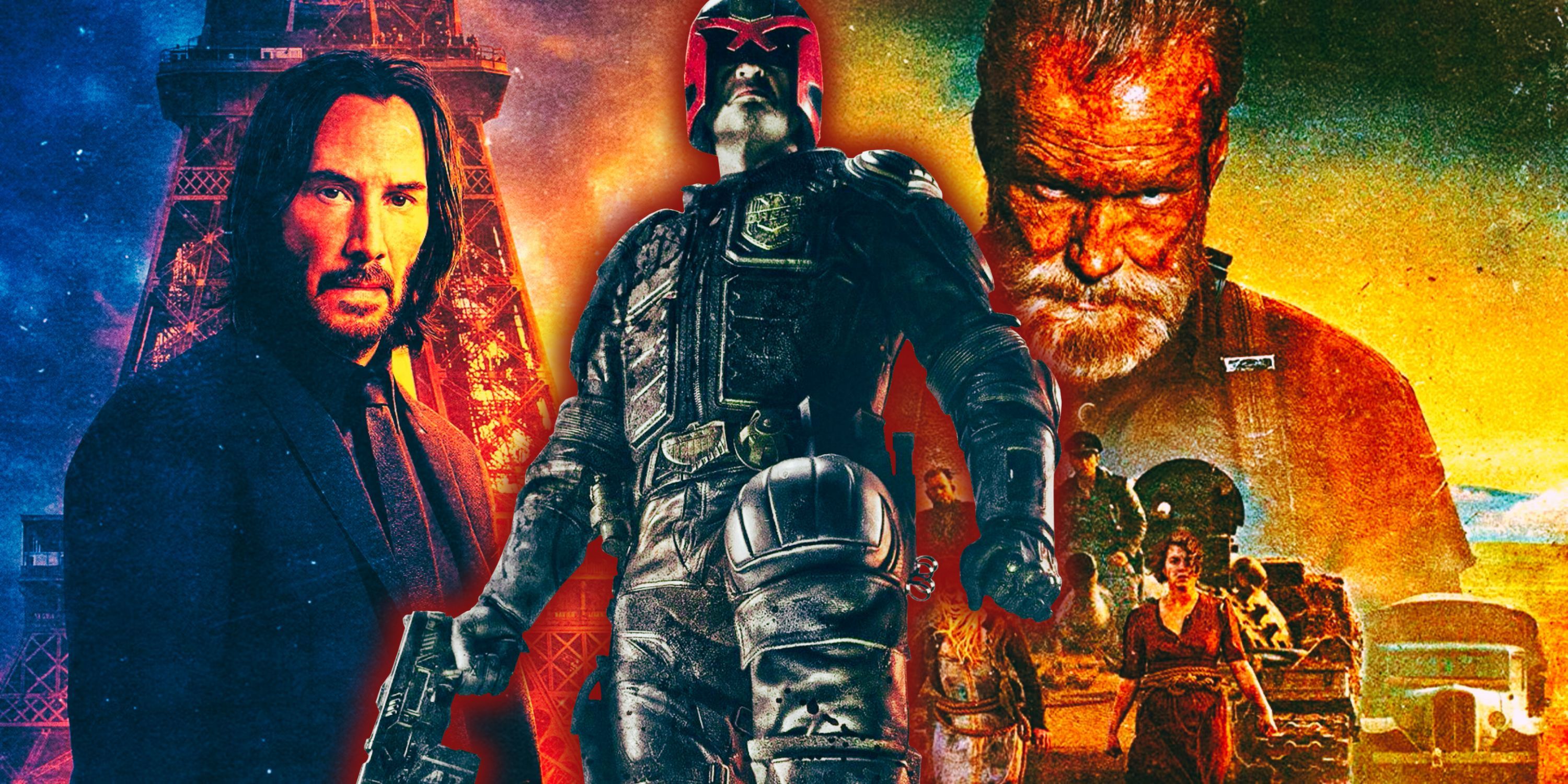 Composite image John Wick, Judge Dredd and Sisu