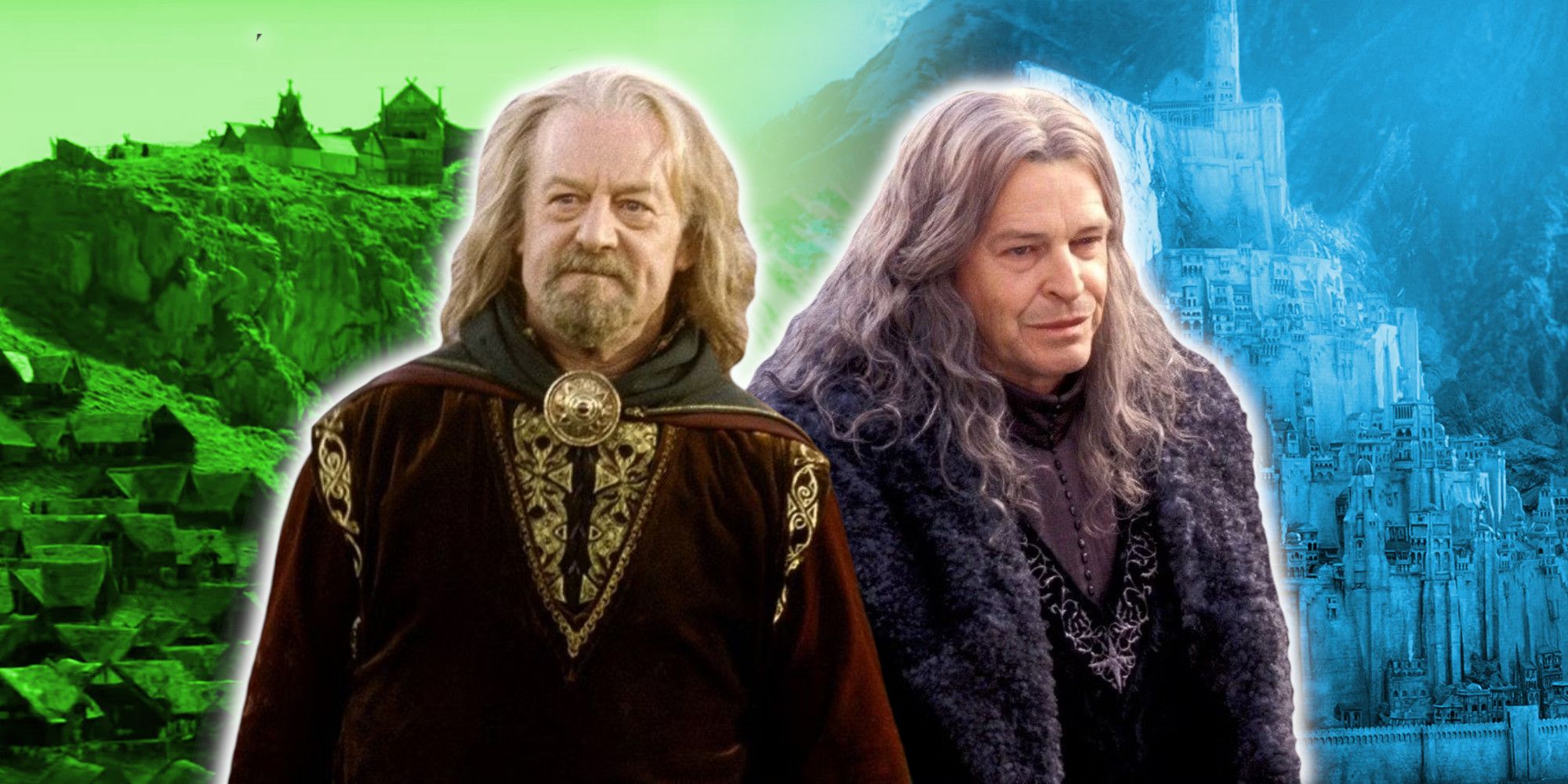 Theoden in front of Edoras and Denethor in front of Minas Tirith from The Lord of the Rings