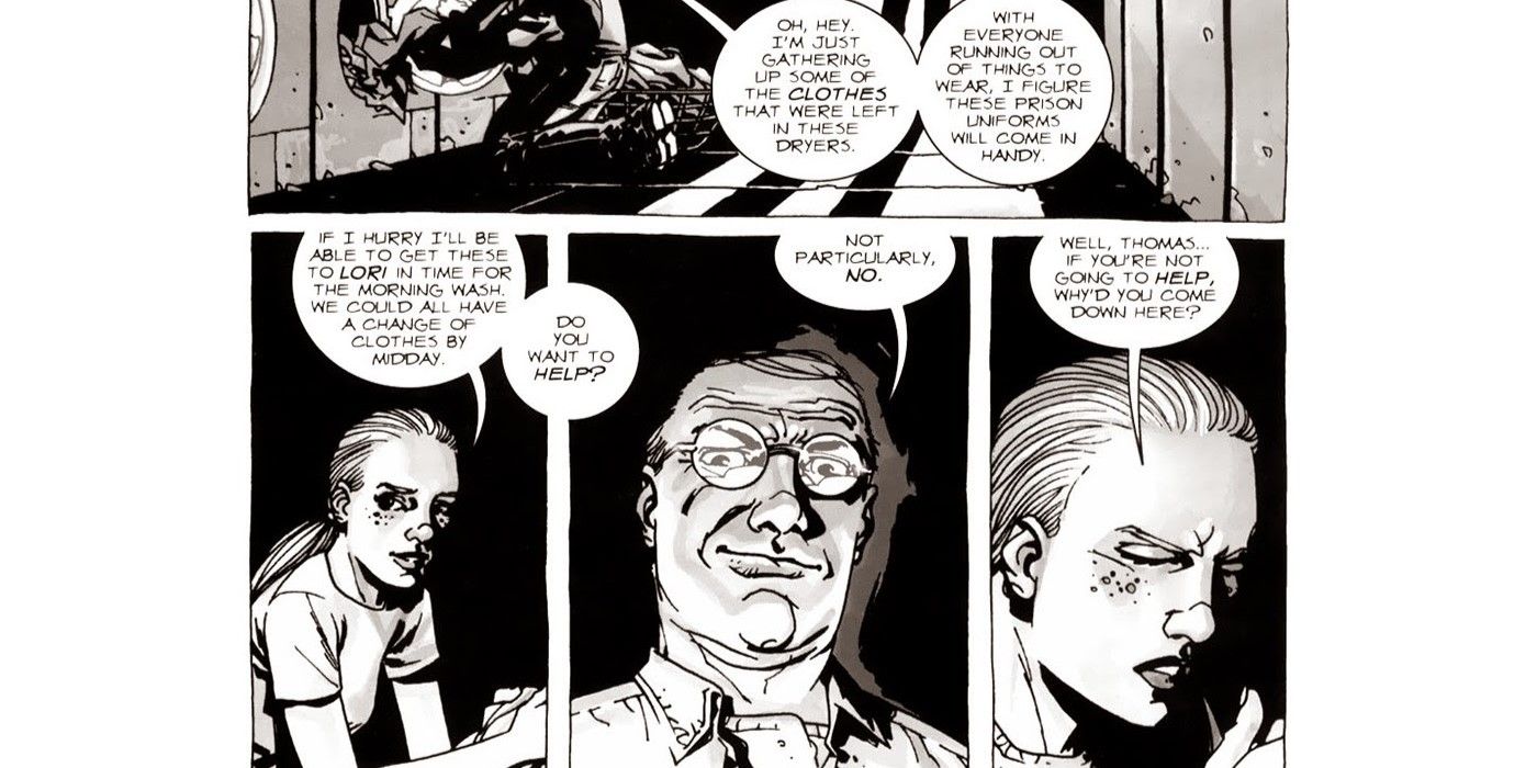 Thomas talks to Andrea in the prison in The Walking Dead comics