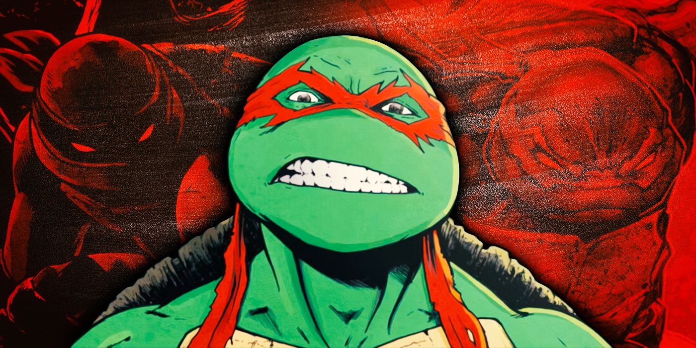 A collage of Raphael the Ninja Turtle in front of TMNT comics that he stars in