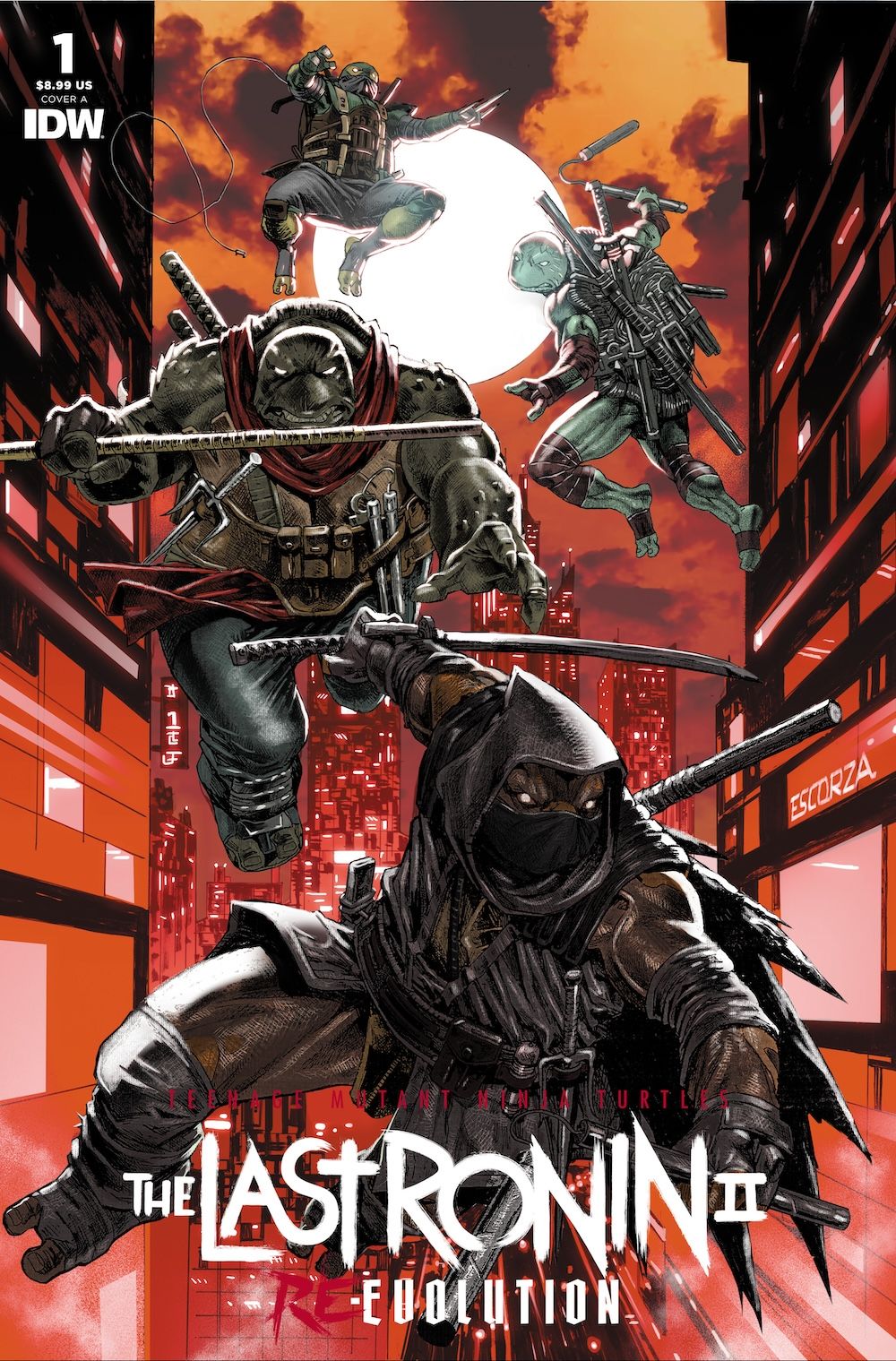 Ninja Turtles Odyn, Yi, Uno and Moja against a red New York sky on TMNT: The Last Ronin II cover.