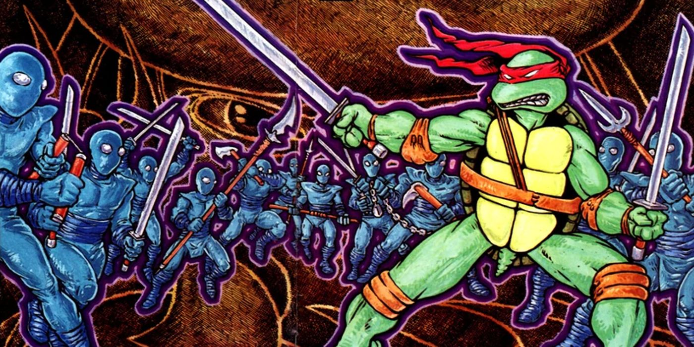 Leonardo em sua bandana vermelha cercado por todos os lados por ninjas do clã a pé vestidos de preto