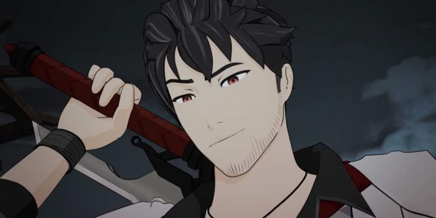 Qrow Branwen brandishing his sword on his shoulder and smirking. 