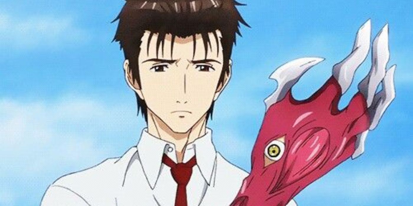 Shinichi Izumi olhando para um Migi transformado em sua mão. 