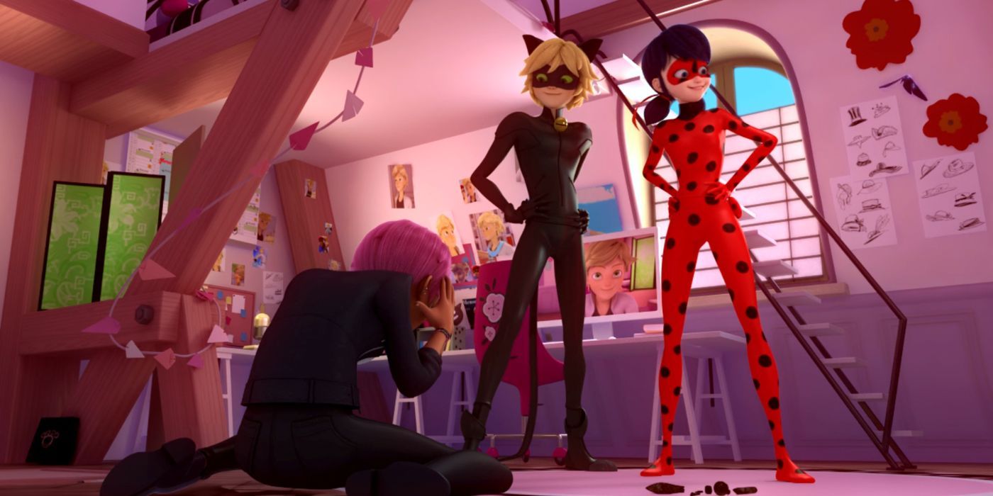 Penny kneels on the ground, grabbing her head as Cat Noir and Ladybug stand over her looking accomplished.