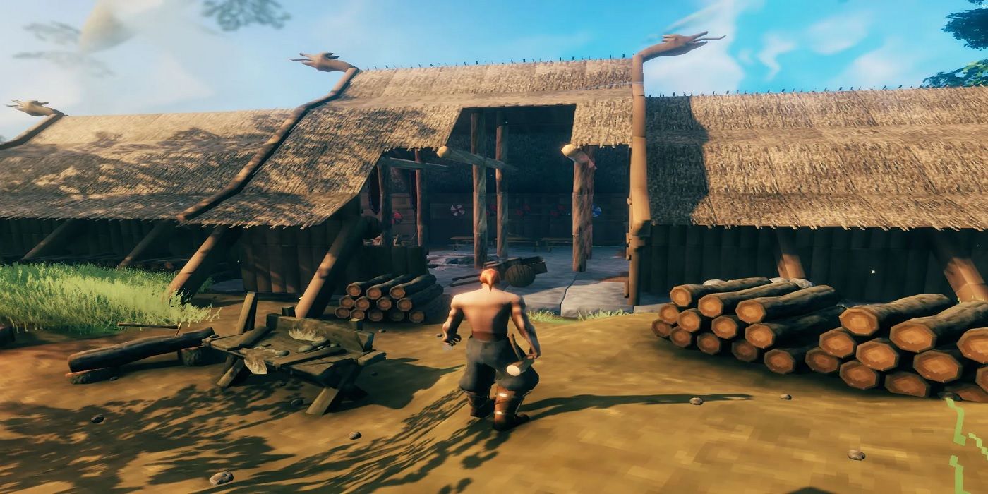 O jogador construindo uma casa em Valheim.