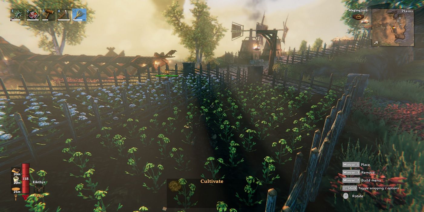 Jogador cultivando um campo gigante de cultivo em Valheim.