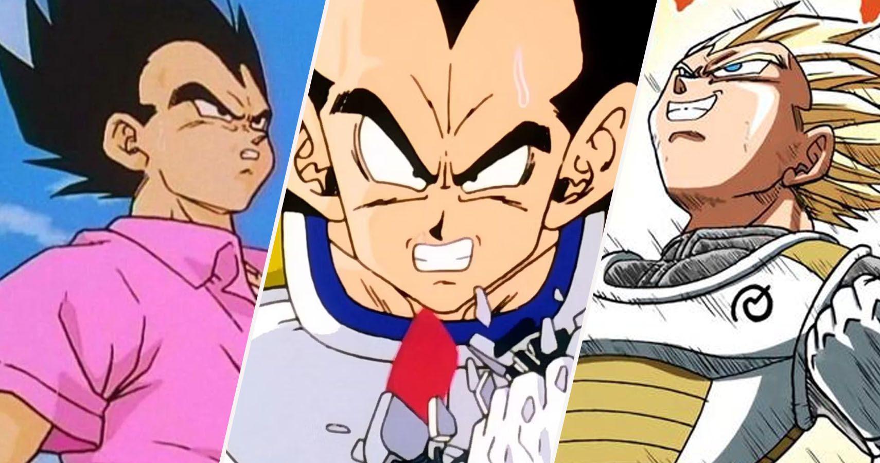 Vegeta in his Badman Shirt, Saiyan Armor, and Whis Armor from Dragon Ball Z and Super
