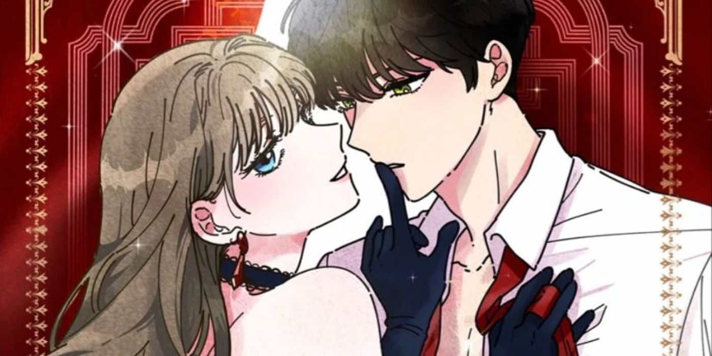 The protagonists in a sensual embrace in the manhwa Villainess in Love.